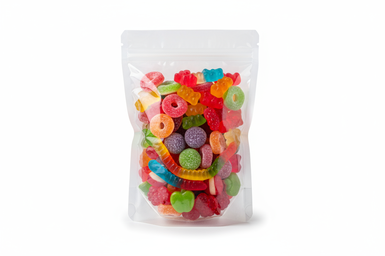 A mixture of bears, rings, drops, worms, apples, berries, etc in a standup bag