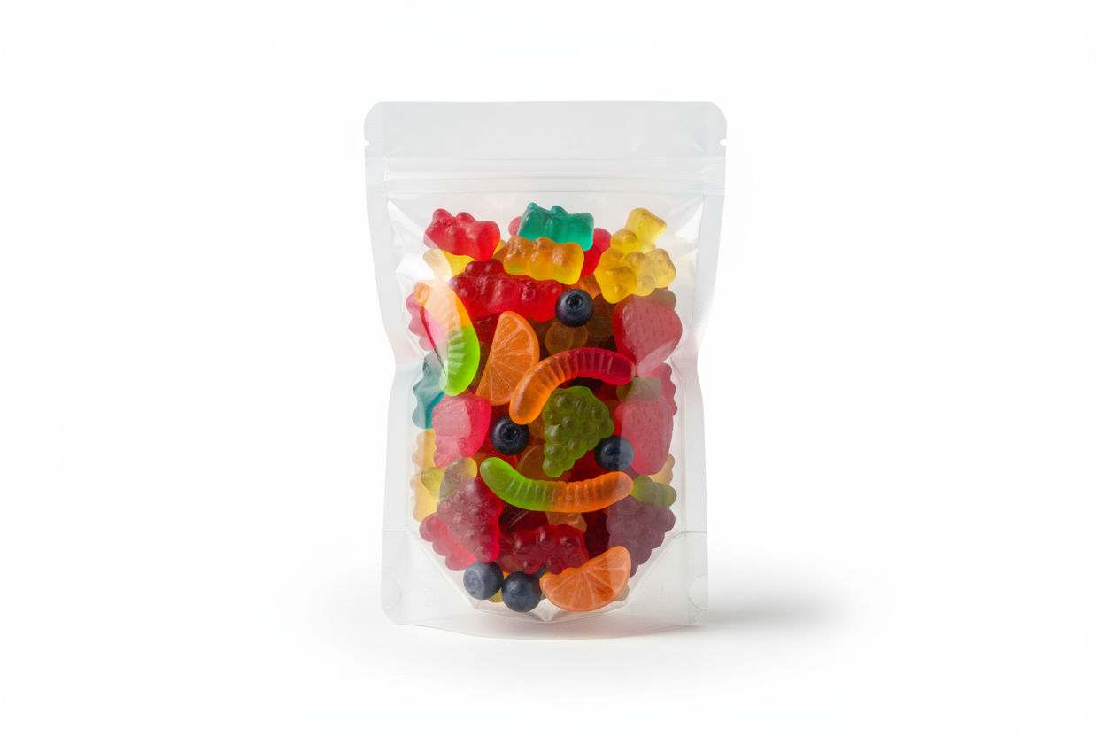 clear standup pouch filled with a variety of gummies