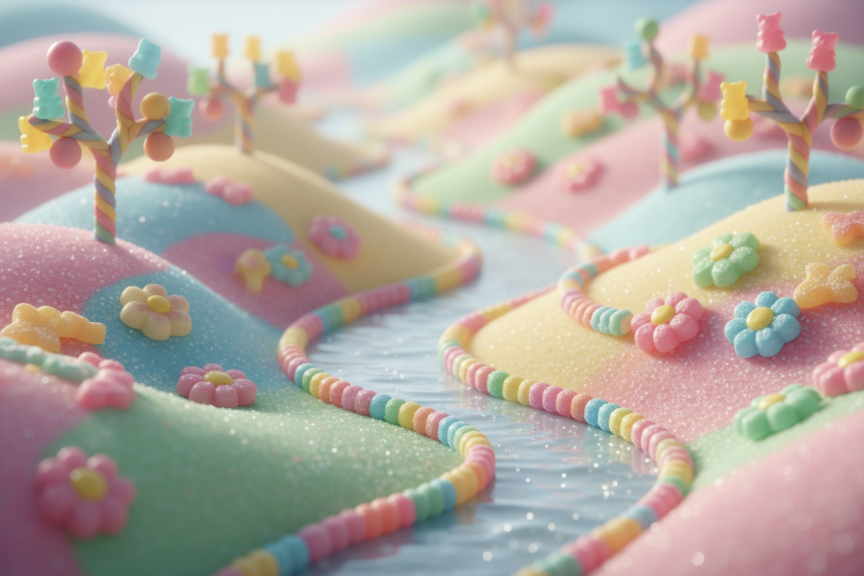 create a subtle cute candy land of gummies 